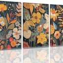 Framed Orange Floral Wall Art Set of 3, Mid Century Modern Pictures Wall Decor, Colorful Boho Canvas Prints, Abstract Flowers Paintings, Botanical Artwork for Living Room Bedroom 16X24 inch