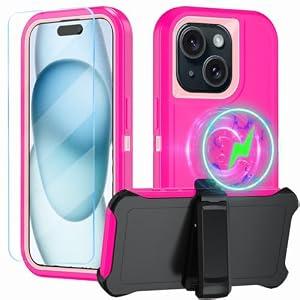 CONWOE Magnetic for iPhone 15 Plus Case, with Belt Clip, [Compatible with Magsafe] W/ Tempered Glass Screen Protector, Anti-Drop, Shockproof, Heavy Duty Protection (Pink)