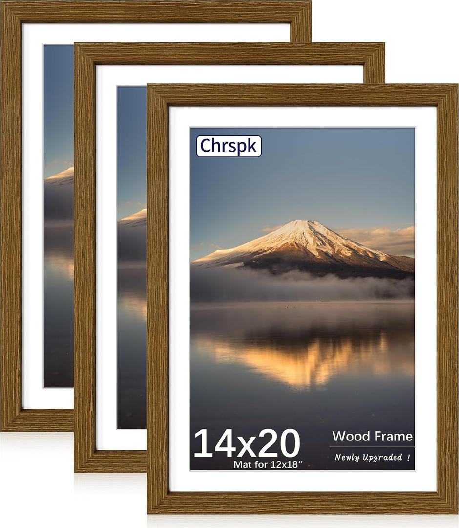 14x20 Poster Frame, Display Pictures 12X18 with Mat or 14x20 Without, Wall Hanging Frames, Rustic Brown, 3 Pack
