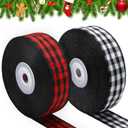 Boao 2 Rolls Christmas Buffalo Plaid Ribbon 1 Inch 30 Yard Red Black and White Black Checkered Wrapping Ribbon Wired Edge Burlap Gingham for Craft Wreath Christmas Tree Gift Decor