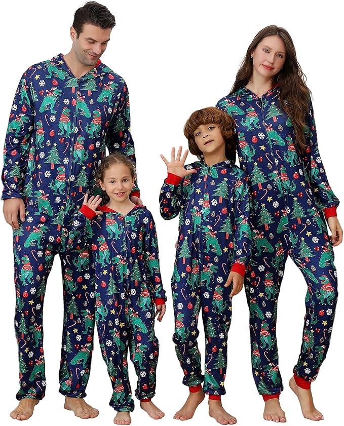 Christmas Onesie Pajamas Family Vacation Novelty One-piece Hooded Matching PJs Allover Pattern Sleepwear Nightwear Size S
