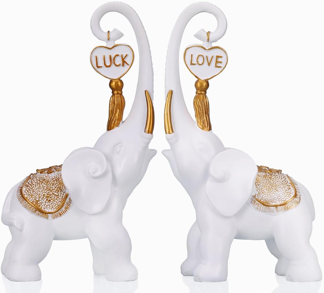White Elephant Statue Set, Lucky Elephant Sculpture for Home and Office Decor, Coffee Table and Shelf Decor