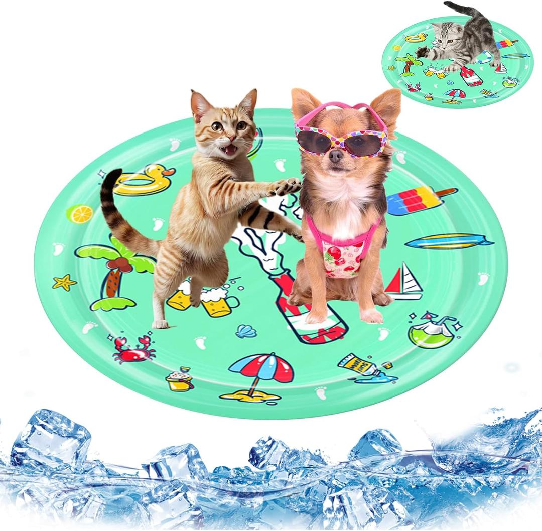 Thickened Sensory Water Playmat for Cats Dogs,Water Summer Cat Cooling Mat for Bored Pet, Cat Toys Water Sensory Playmat for Indoor Cats Playing Sleeping (Round,Happy Summer(100cm/39.3in))
