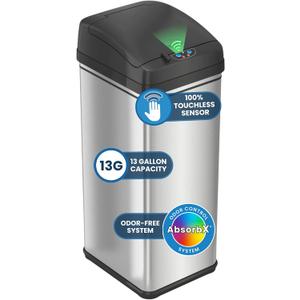 iTouchless 13 Gallon Patented Sensor Trash Can with Lid & Odor Filter, Original Inventor 50L Automatic Kitchen Garbage Bin, Fingerprint-Proof Stainless Steel, Pet-Proof Lock, Soft-Close, Silver