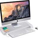PG Silver Monitor Stand Riser with 4-Port USB Charging ports, Convenient keyboard organiser,Desktop Organizer for Computer, Laptop, TV, Printer - Ergonomic Keyboard Tray & Storage Shelf.