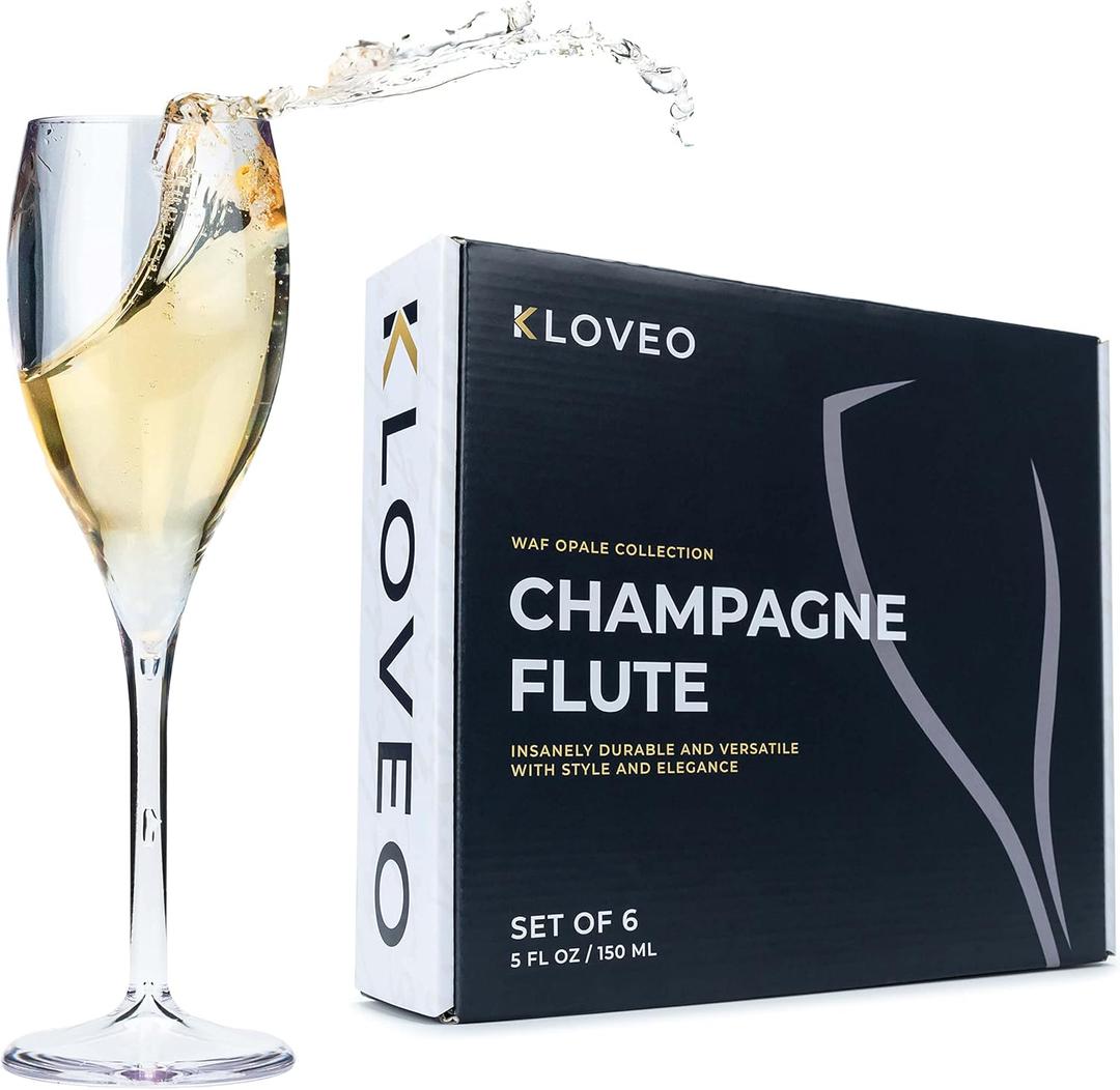 KLOVEO Plastic Champagne Flutes - Set of 6 - Made in Italy - Insanely Durable and Versatile Plastic Champagne Glasses - Reusable, Dishwasher Safe, Mimosa Glasses, White Wine - 5 oz, Clear