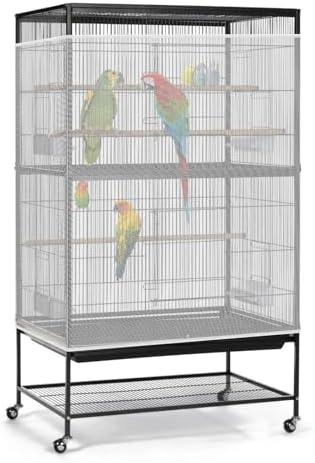 Bissap Bird Cage Seed Catcher, 90-118‘’ Universal Birdcage Net Nylon 31.8'' H Adjustable Elastic Band Stretchy Skirts Mesh Cover for Parrot Cage Seed Guard (Not Include Birdcage)- White