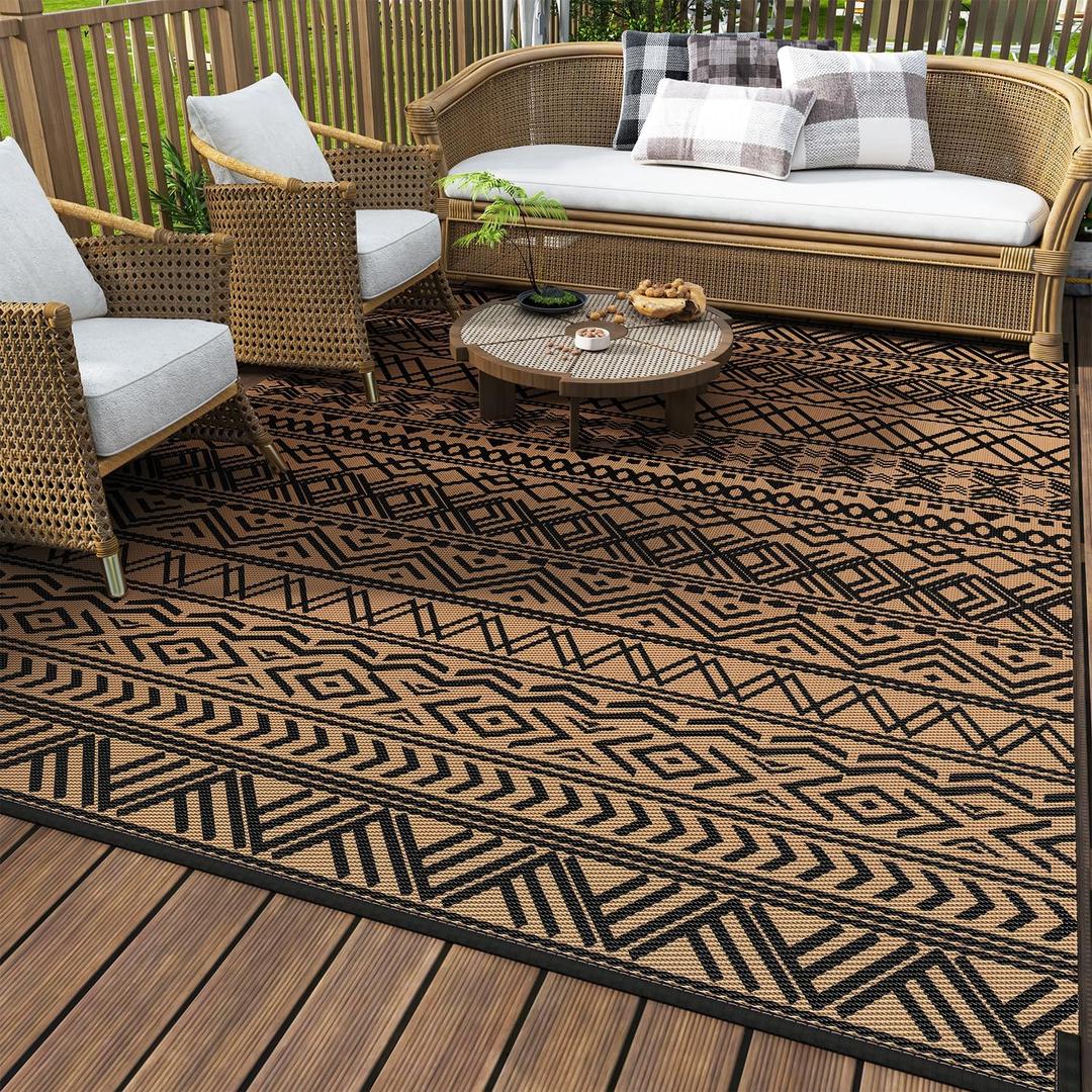 MontVoo Outdoor Rug 8x10 Waterproof Outdoor Patio Rug Mat Reverisble Plastic Straw Outdoor Rug for RV Camping Picnic Beach Balcony Boho Black Brown