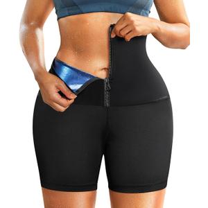 SCARBORO Sauna Sweat Shorts for Women Waist Trainer Leggings Workout Suit Compression Body Shaper Band (Large, Black Blue-inner Zipper)