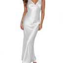 Womens Elegant Satin V Neck Backless Sleeveless Maxi Dress Silk Tie Low Back Formal Cocktail Dresses Wedding Guest White, Medium