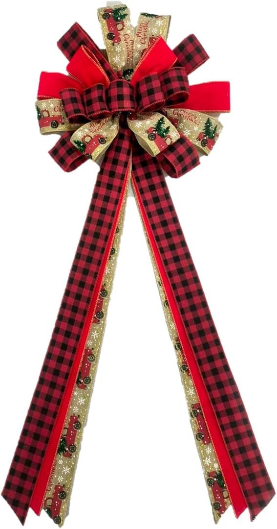 Extra Large Christmas Buffalo Plaid Wreath Bow for Front Door Decor, Wall, Fence, Tree Topper, Christmas Party Decoration Supplies