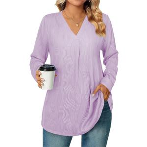 Womens 3 4 Sleeve Blouse Long Sleeve Business Casual Tunic Tops V Neck Work Tops Textured Dressy Casual Shirts (Small, Purple)