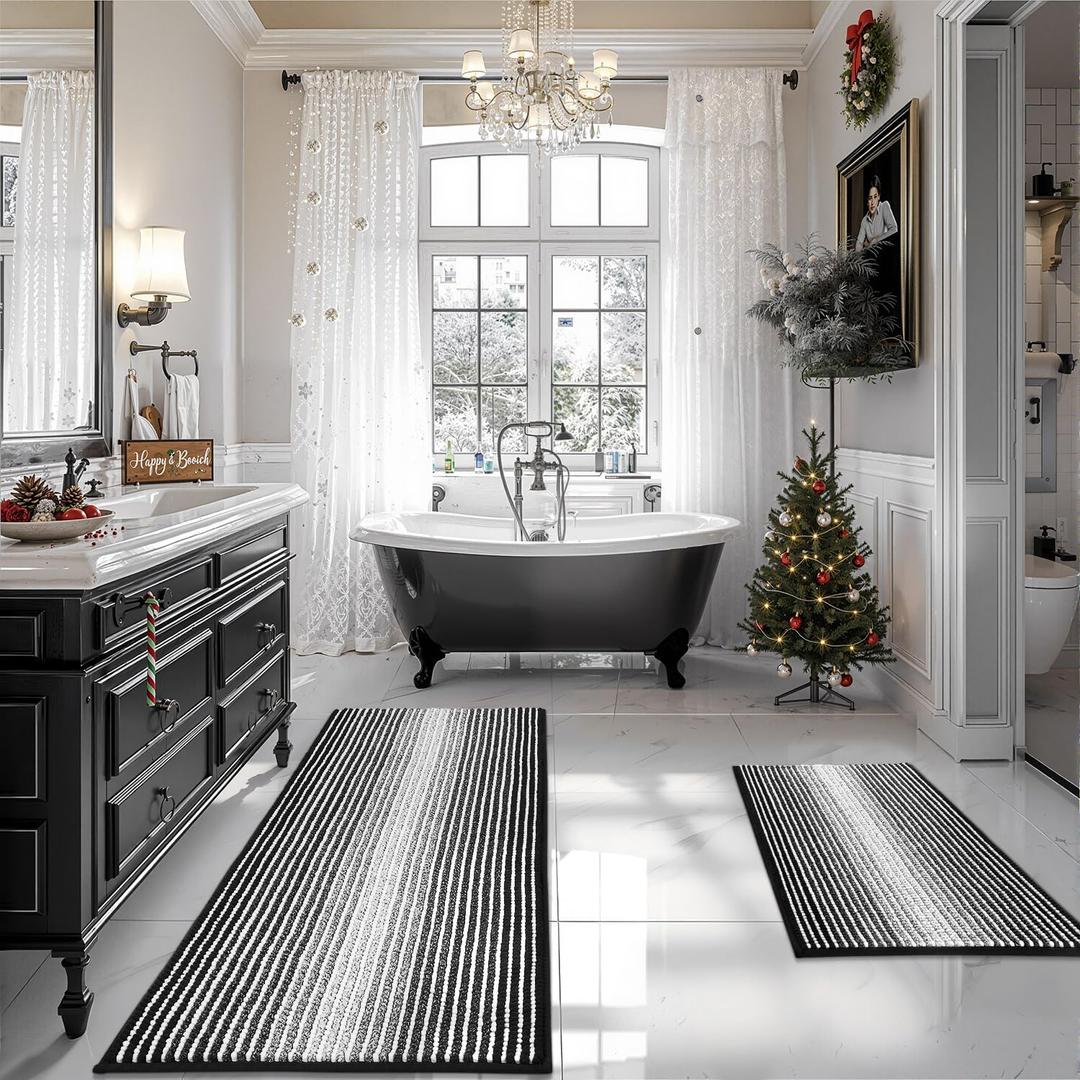 Bathroom Rugs and Mats Sets, 2 Piece Absorbent Chenille Bath Mat Rug Set Non Slip, Soft Shaggy Bath Room Floor Mats for Bathroom, Machine Washable (20" x 47" Plus 20" x 32" Extra Thick, Black)