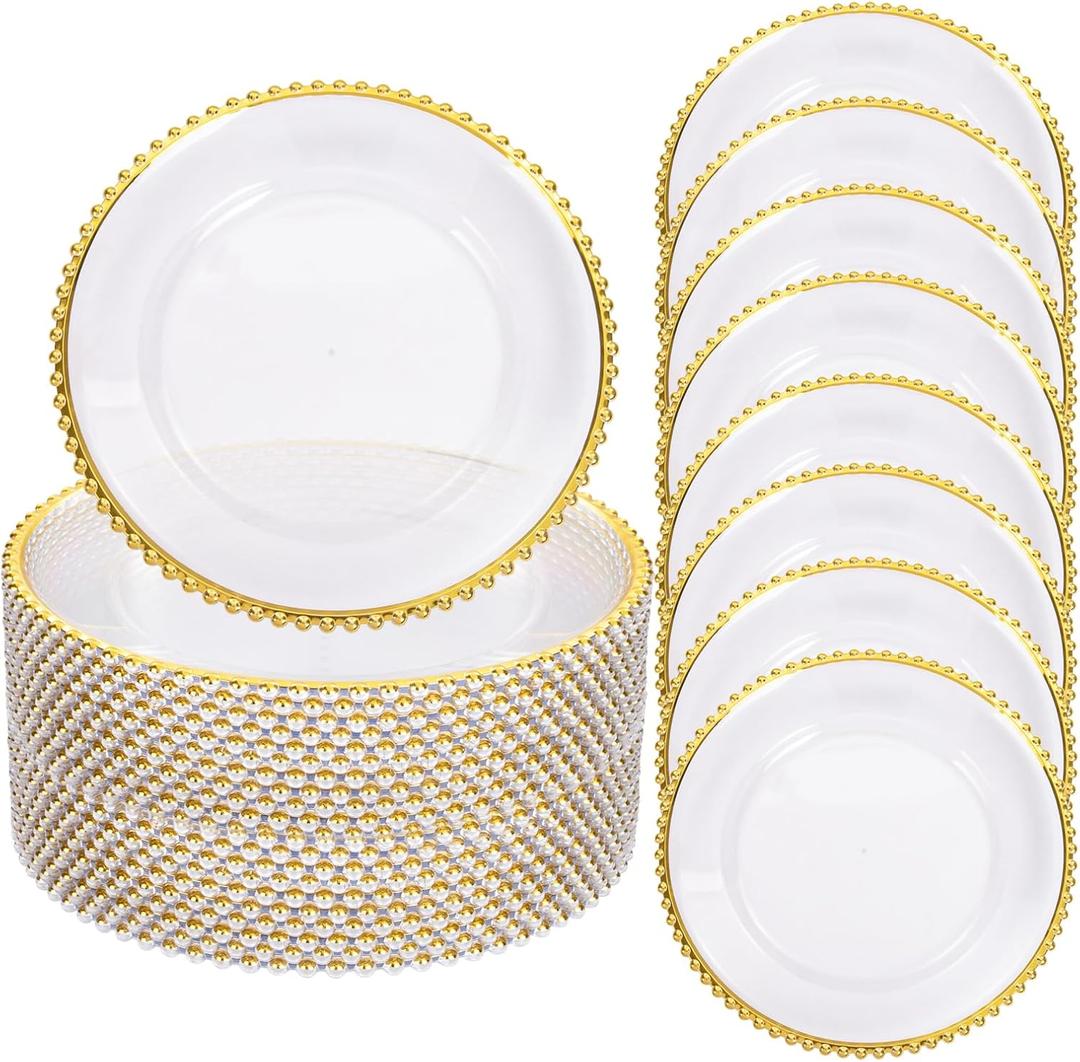 ejonirinjonir EI 13 Inch Gold Charger Plate,50pcs Clear Charger Plates with Gold Rim,Disposable Chargers Plate,Plastic Chargers Plates for Dinne Family Party and Wedding