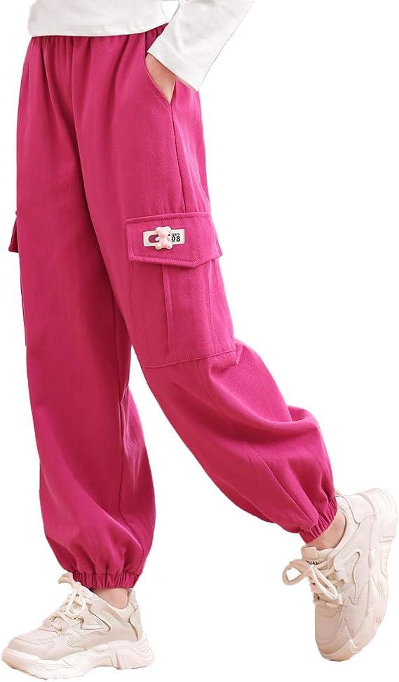 NIUSC Girls Cargo Pants Summer Lightweight Jogger Trousers with Pocket,Elastic Waisted Parachute Pants for Kids 5-16Y