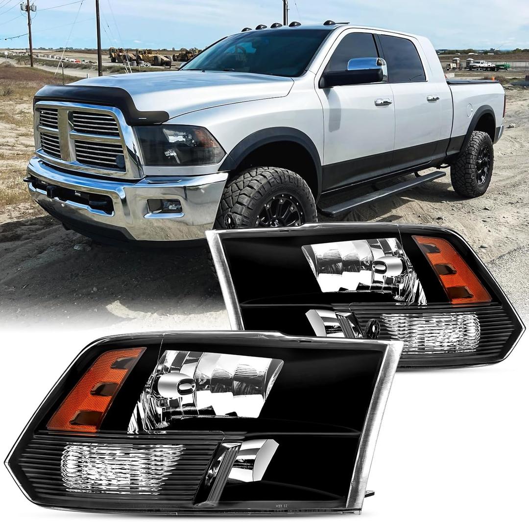 Headlights Assembly Compatible with 2009-2018 Dodge Ram 1500 2500 3500/2019-2022 Ram 1500 Classic Headlamp Replacement Black Housing Amber Reflector Passenger and Driver Side (Only for Quad Models)