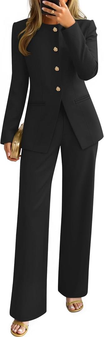 ZESICA Women's 2026 Spring Two Piece Suits Set Casual Business Long Sleeve Blazer Jacket Wide Leg Pants Work Outfits Sets (Large, Black)