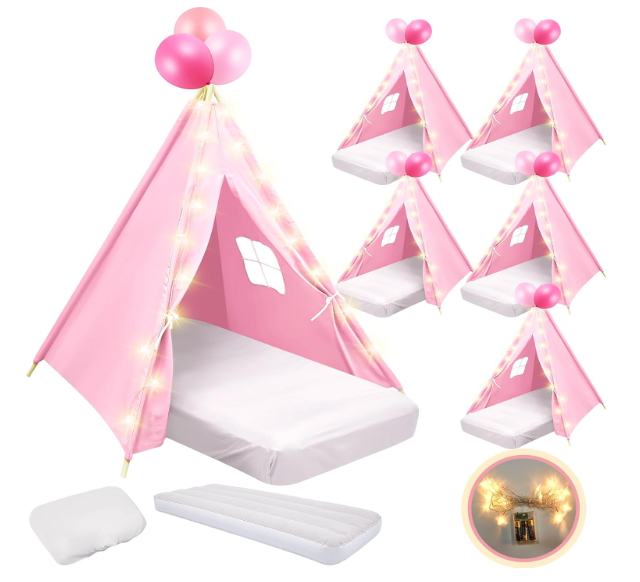 6 Pack Sleepovers Teepee Tent for Kids Bulk with Mattress Sheet Light,Natural Cotton Washable Indoor Play Tent for Birthday Slumber Party Girls Boys Pajama Movie Night Supplies(Light Pink)