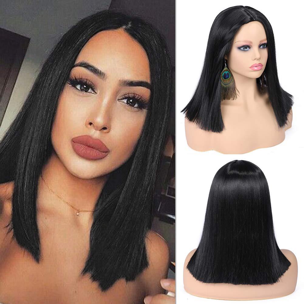 quickwig Short Straight Bob Wigs Black Short Wig Middle Part Synthetic Wigs Shoulder Length Daily Cosplay Party Wigs for Women 14 inches