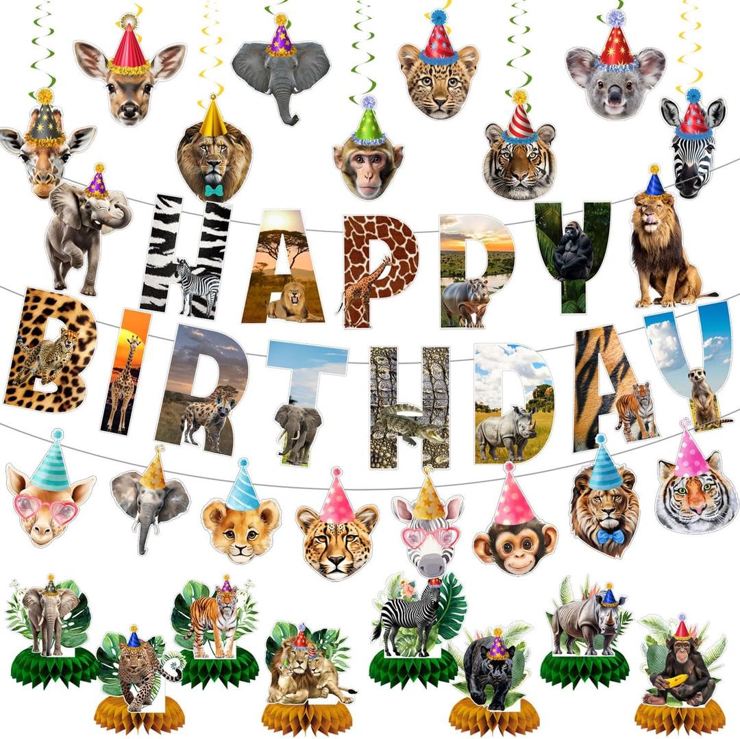 Safari Animals Party Decorations Jungle Birthday Party Decor Supplies Includes Happy Birthday Banner Animals Hanging Swirls Zoo Animals Honeycomb Centerpiece Fox Birthday Party Supplies