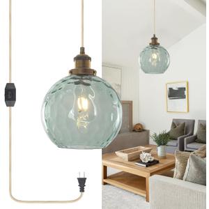 Plug in Pendant Light, Handblown Glass Pendant Light with Dimmable Switch Hanging Lights with Plug in Cord 15ft, Hanging Lamp Plug in for Dining Living Room Kitchen Island Bedroom