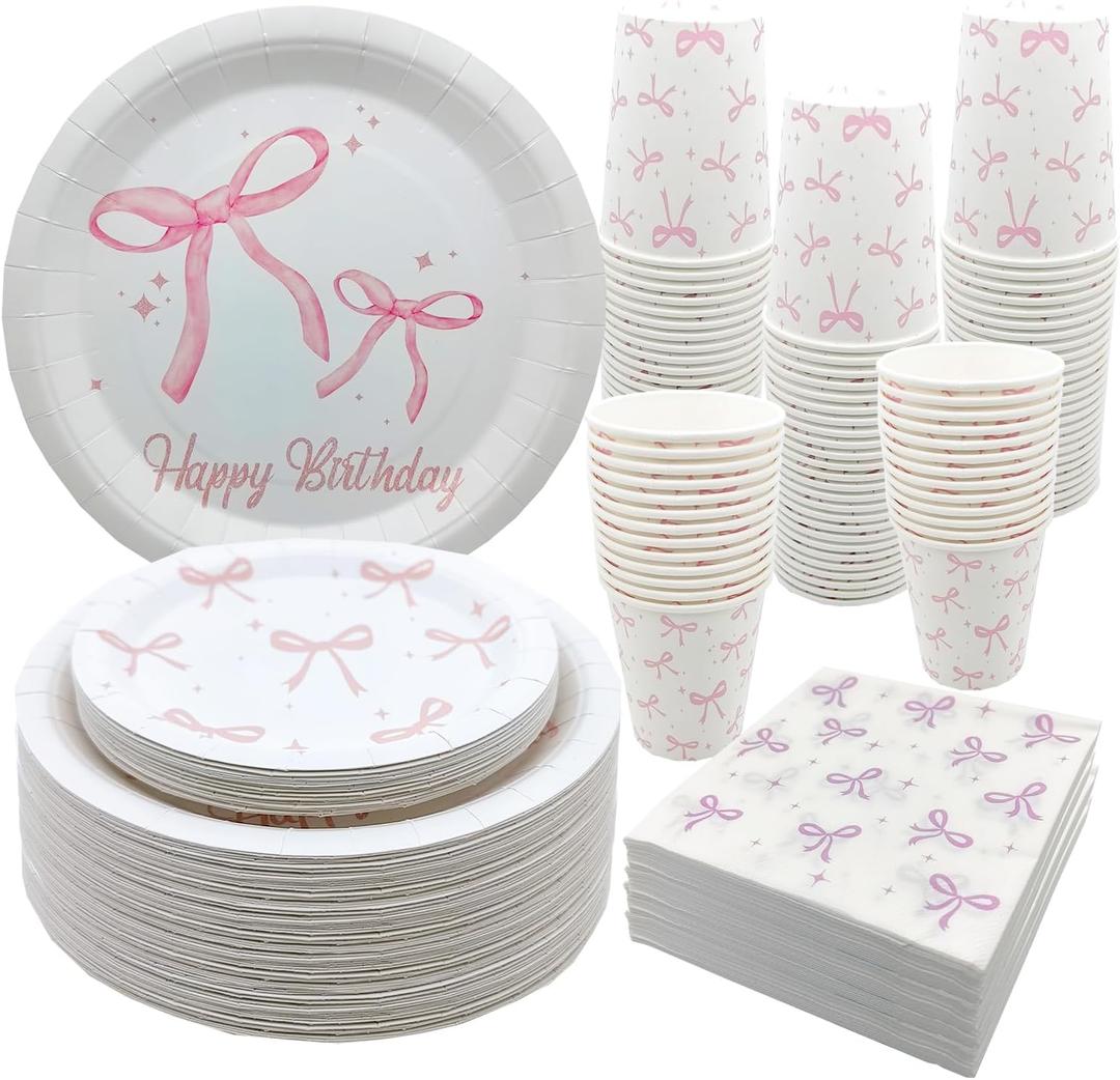 100Pcs Pink Bow Birthday Party Supplies,Pink Bow Tableware Set 9"& 7" Pink Bow Plates Pink Bow Napinks Cups Pink Bow Theme Girls Bachelorette Baby Shower Pink Bow Birthday Party Decor Serve25 (White)