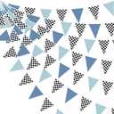 32Ft Racing Party Decorations Dusty Blue Black White Checkered Racing Car Fabric Banner Triangle Flag Pennant Garland Streamers for Boys Race Car Birthday Racetrack Baby Shower NASCAR Picnic Decor