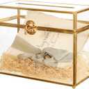 NCYP Small 9.8 x 5.6 x 7.7 Inch Wedding Glass Cards Box with Slot - Gold Envelope Card Holder for Birthday Party Reception, Home Indoor Decor - Slot Length 7.1 Inches (No Lock)