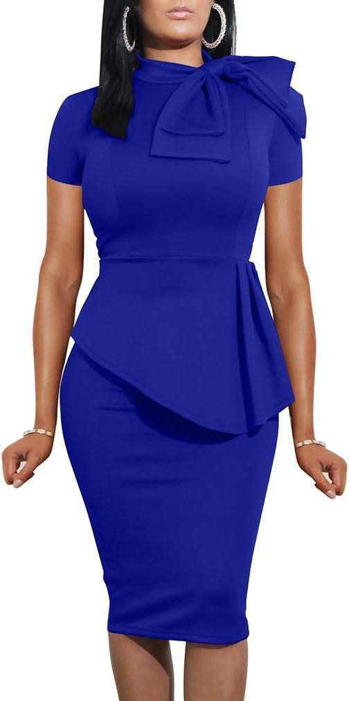 LAGSHIAN Women Fashion Peplum Bodycon Short Sleeve Bow Club Ruffle Pencil Party Dress XL
