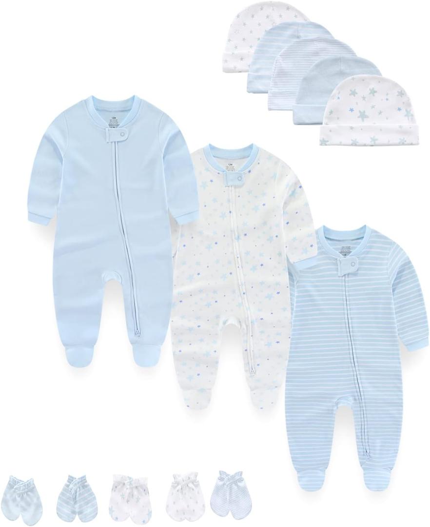 Baby Boy Girls Clothes 2-Way Zip Footed Long Sleeve 100% Cotton,Newborn Caps and Scratch Mittens Set 0-6 Months (Blue)