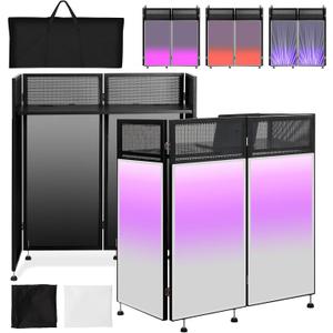 Kokorona Portable DJ Booth 43"L x 20"W x 45"H, DJ Facade Booth with Black & White Scrims, Folding DJ Booth for Party, DJ Facade Table Booth with Cable Hole, Black Metal Frame + Carry Bag