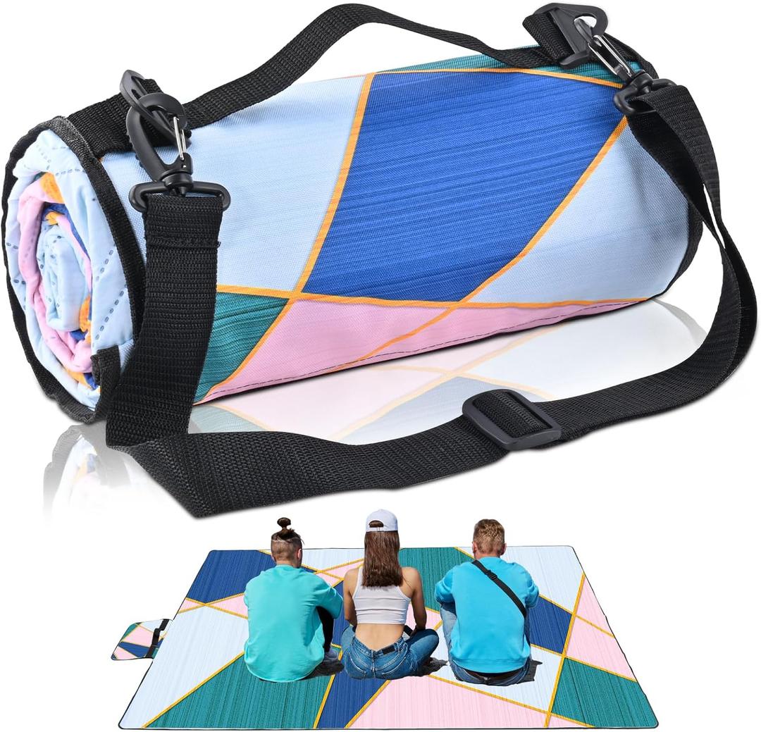 SHANQUAN Picnic Blankets Outdoor Blanket, Large Beach Mat Waterproof Foldable Picnic Mat with Carry Strap,Portable Camping Park Blanket for Grass Lawn Hiking Travel Concerts (Euclidean Geometry(thicken)