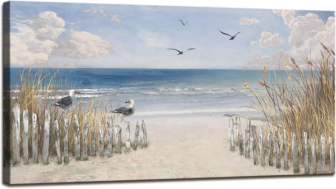 XXMWallArt FC3750 Sandy Beach Wall Art Canvas Print Wall Art Seascape Blue Print Painting Abstract Coastal Picture Modern Ocean Artwork for Living Room Bedroom Bathroom Office Wall Decor, 40"L x 20"W