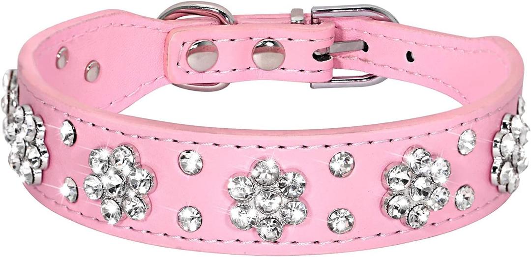 Serijoars Rhinestone Dog Collar, Cute Flower Rhinestone Bling Collar PU Leather Adjustable Sizes XS Small Medium (S, Pink)