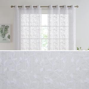 HLC.ME Joyce Floral Decorative Semi Sheer Light Filtering Grommet Window Treatment Curtain Drapery Panels for Bedroom & Living Room - Set of 2 Panels (54 x 84 inches Long, White)