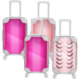 VILLCASE 4 Pack Mini Suitcase Favor Boxes - 6.5 Inch Portable Eyelash Storage Case with Rolling Wheels - Pink and Rose Red Lash Packaging Suitcase for False Eyelashes - Plastic Tiny Luggage