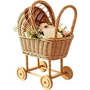 Handwoven Rattan Stroller Shaped Flower Basket on Wheels Vintage Wicker Planter for Fresh Flowers, Baby Gift, Wedding Decor, & Rustic Home Accent