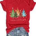 Womens Christmas Shirts: Merry and Bright Graphic Printed T-Shirts Holiday Xmas Vneck Blouse Tops (Small, Red1)