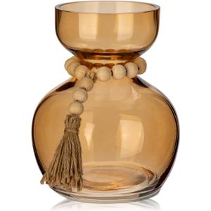 Hollyone Amber Glass Vases Bud Vase for Flowers Vintage Modern Short Vases with Wooden Beads Small Glass Vase for Centerpieces Home Table Shelf Living Room Wedding Decorations (Style 4)