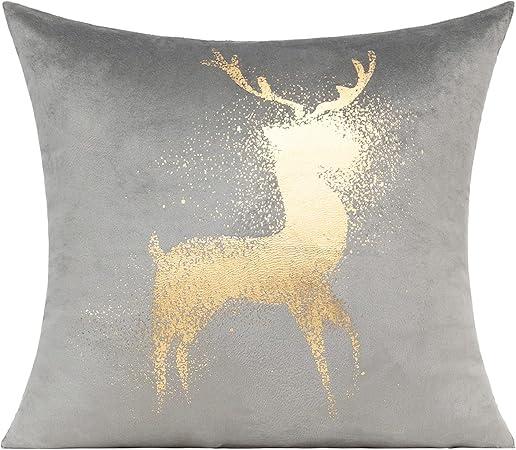 Gray Gold Christmas Decorations Throw Pillow Covers Cases 18X18 Winter Xmas Indoor Home Holiday Décor Ornaments Velvet Navidad Cushion for Sofa Reindeer