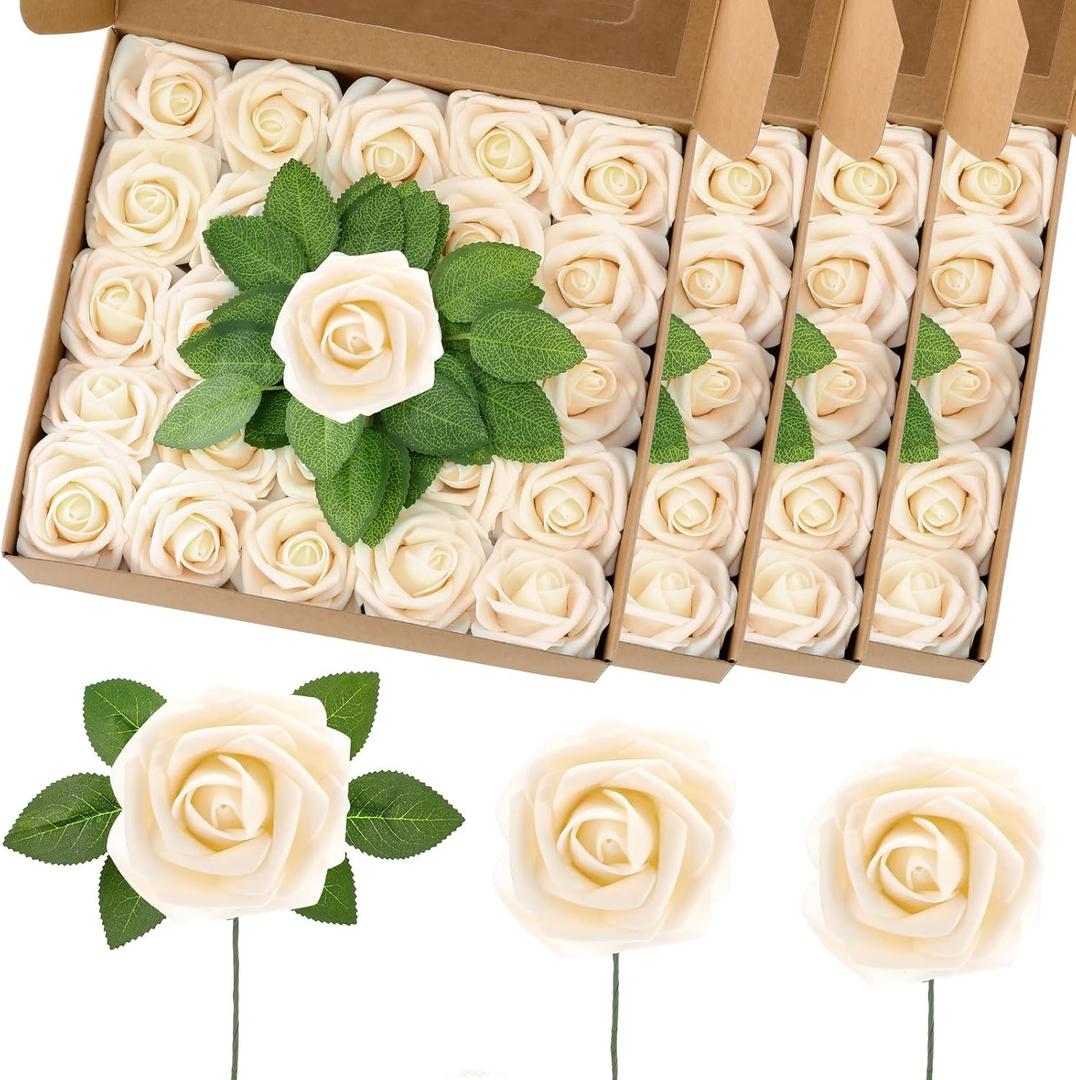2 x 100 Pcs Artificial Foam Rose Flower Faux Bouquet Wedding Fake Rose Gift for Mother's Day Women DIY Bridal Shower Party Table Birthday Home Spring Decor (Champagne)
