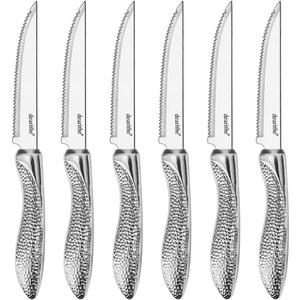 Steak Knives Set of 6, Stainless Steel Serrated Sharp Blade Steak Knife Set, Hammered Pattern Handle,4.5 In,For Kitchen Restaurant Tableware, Dishwasher Safe