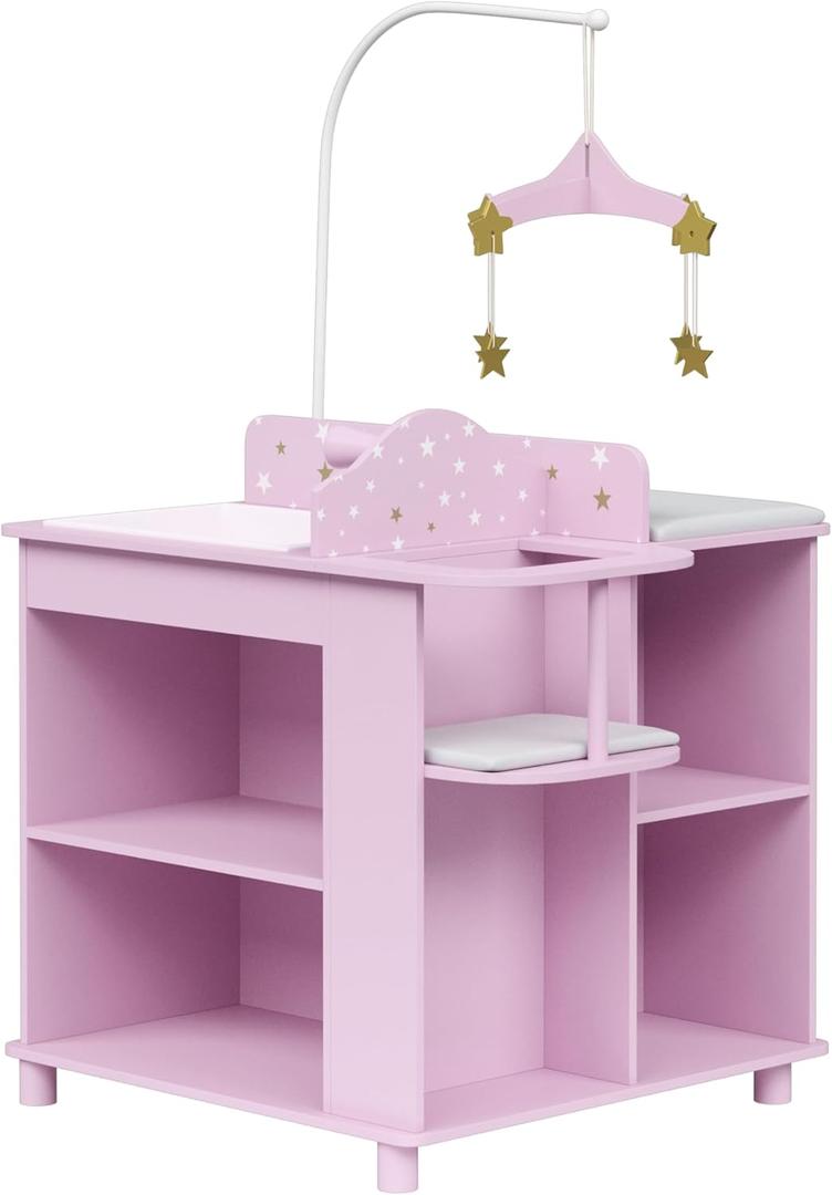 Olivia's Little World Baby Doll Changing Station with Built-in Baby Doll High Chair, Closet, Shelves, Sink, Overhead Mobile, & Baby Doll Clothing Hangers for up to 18 Inch Dolls, Purple Stars, 22.75" x 19" x 22.25"