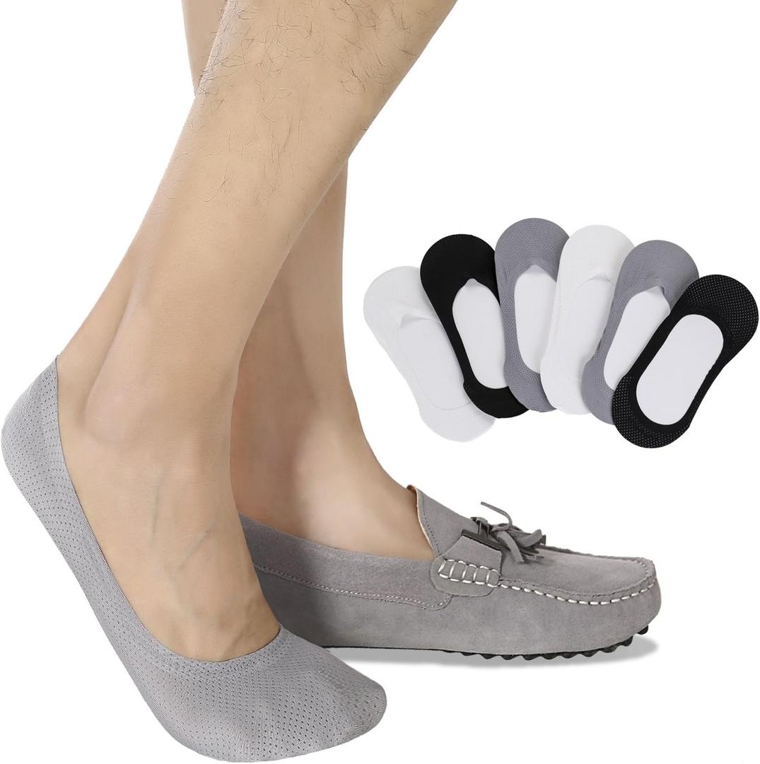 Joulli Mens No Show Socks Non-Slip Grips Casual Low Cut Boat Sock 6 Pack (Black, Light Gray, White)