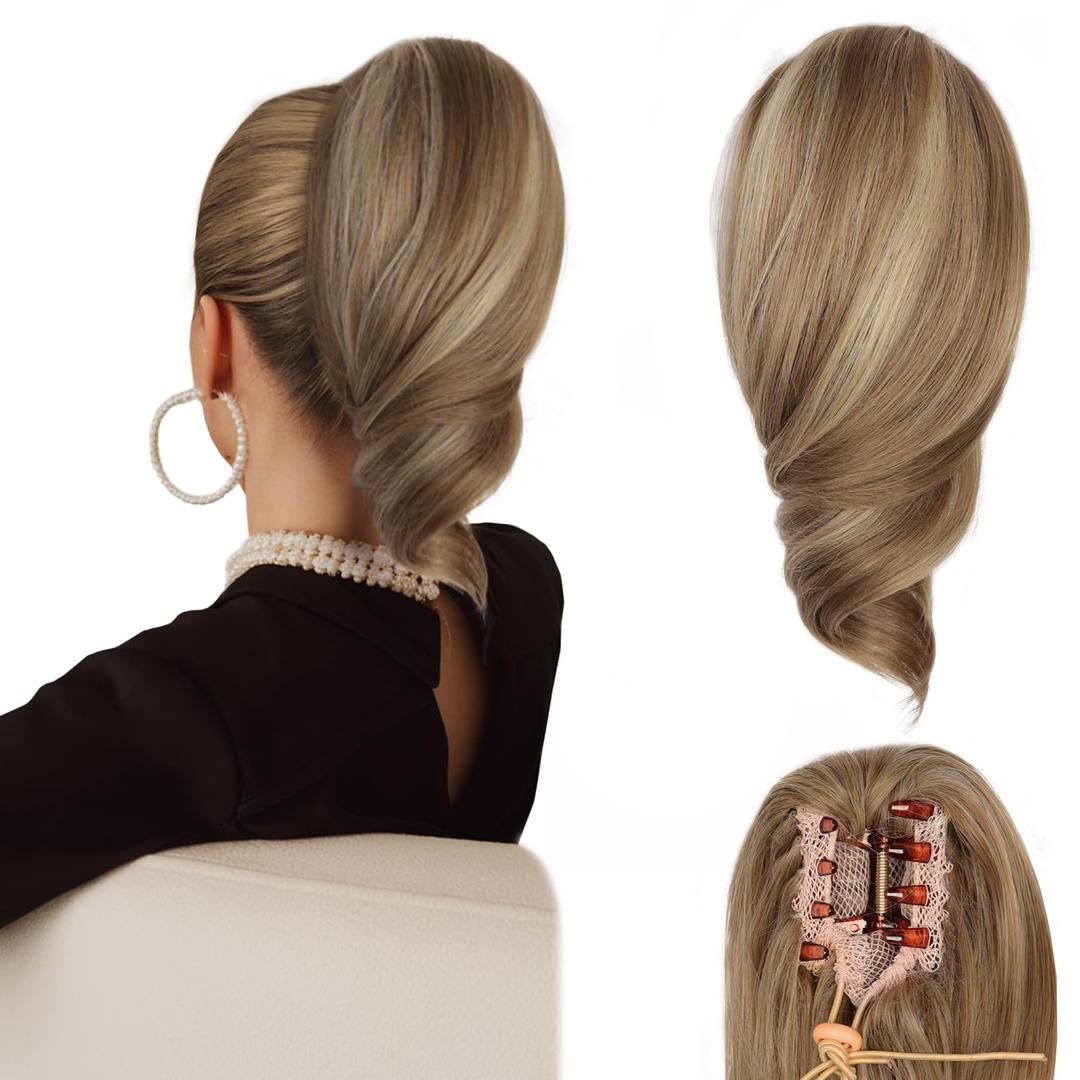 Clip on Ponytails for Women - 12 Inch Short Ponytail Extension, Curly Pony Tails Hair Extensions, Synthetic Hair Extensions Ponytail, Clip in Ponytail (Dark Blonde with Beige Blonde Highlights)