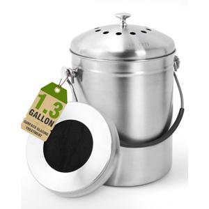 Countertop Compost Bin Kitchen with Lid and 2 Charcoal Filter for Odorless Composting | Stainless Steel Kitchen Composter with Soft-Grip Handle (Silver, 1.3 Gallon)