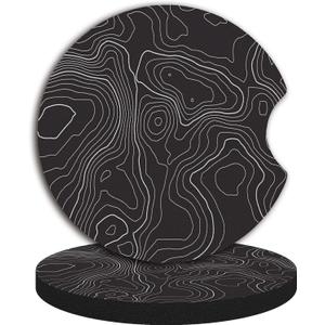 Black Contour Map Cute Cup Holder Coasters,Car Coasters for Cup Holders,Cute Car Accessories for Women Interior, 2 Pack Absorbent Universal Neoprene Car Coasters with Finger Slot