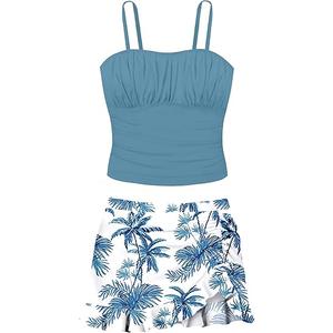 Girls Tankini Swimsuits Two Piece Tropical Print Pleated Bathing Suit with Ruffle Drawstring Skirt Swimwear (13-14 Years(