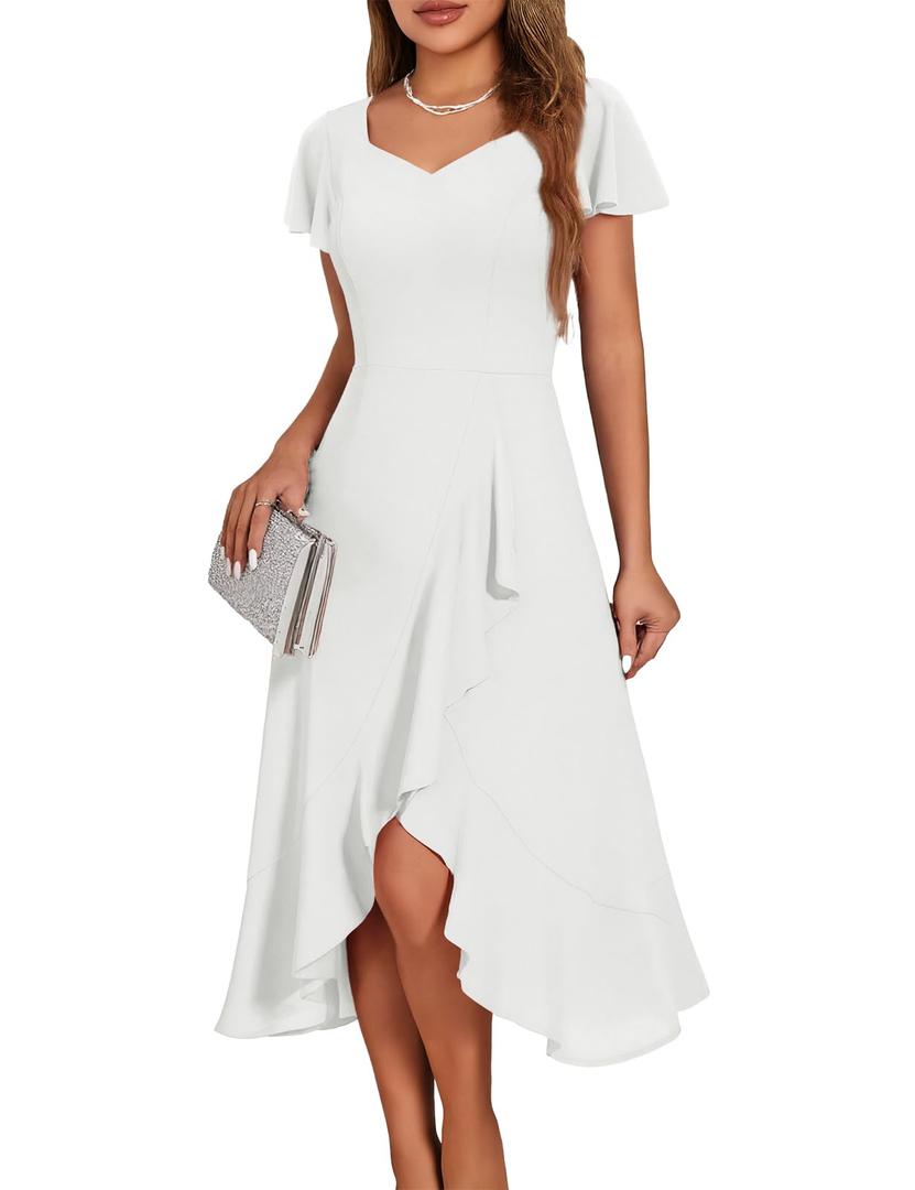 HomRain V Neck Formal Wedding Guest Dresses for Women Ruffle Sleeves for Cocktail Graduation Modest Dress (Medium), White