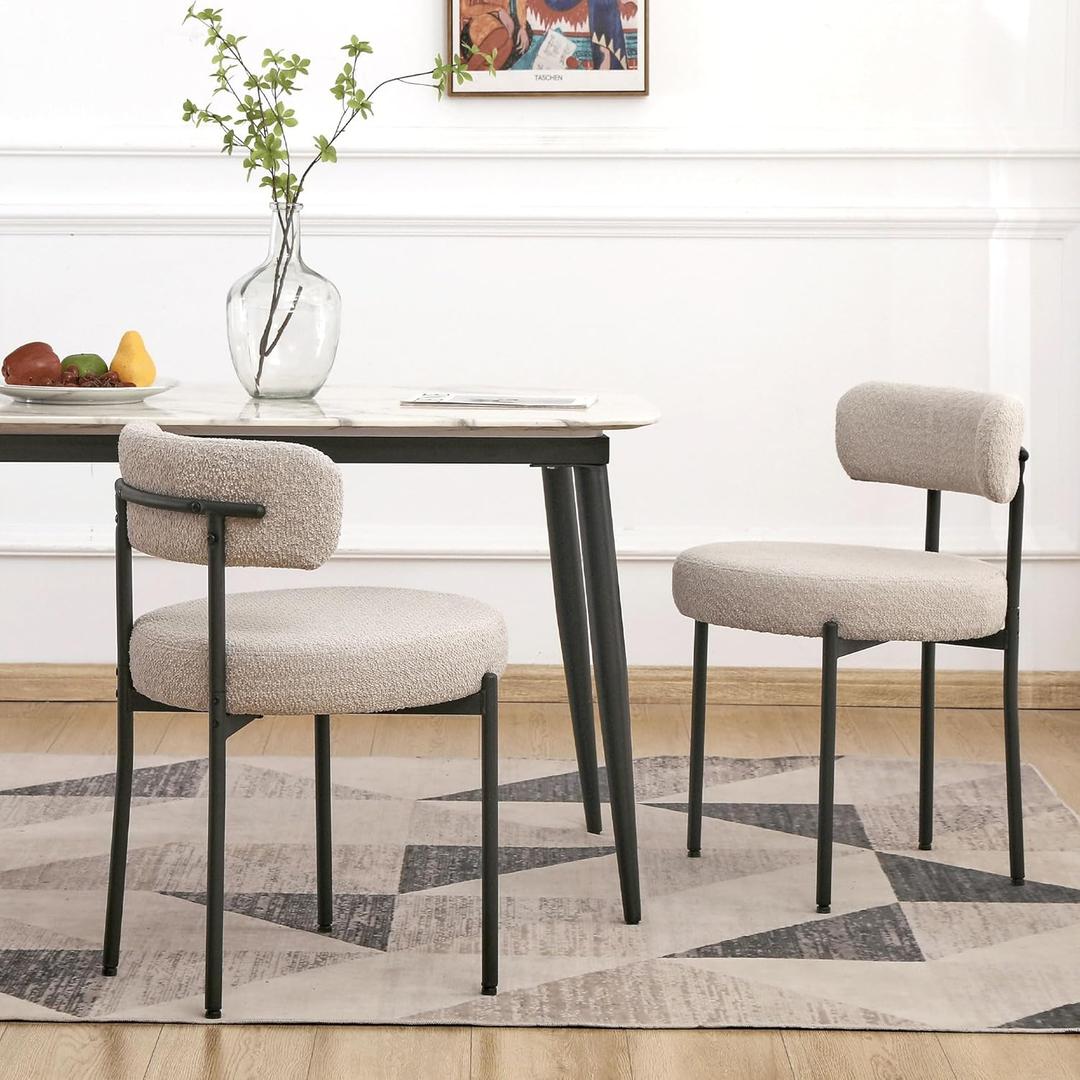 EDWELL Boucle Dining Chairs Set of 2, Round Upholstered Dining Room Chairs with Black Metal Legs, Modern Kitchen Dining Room Chairs for Kitchen, Living Room